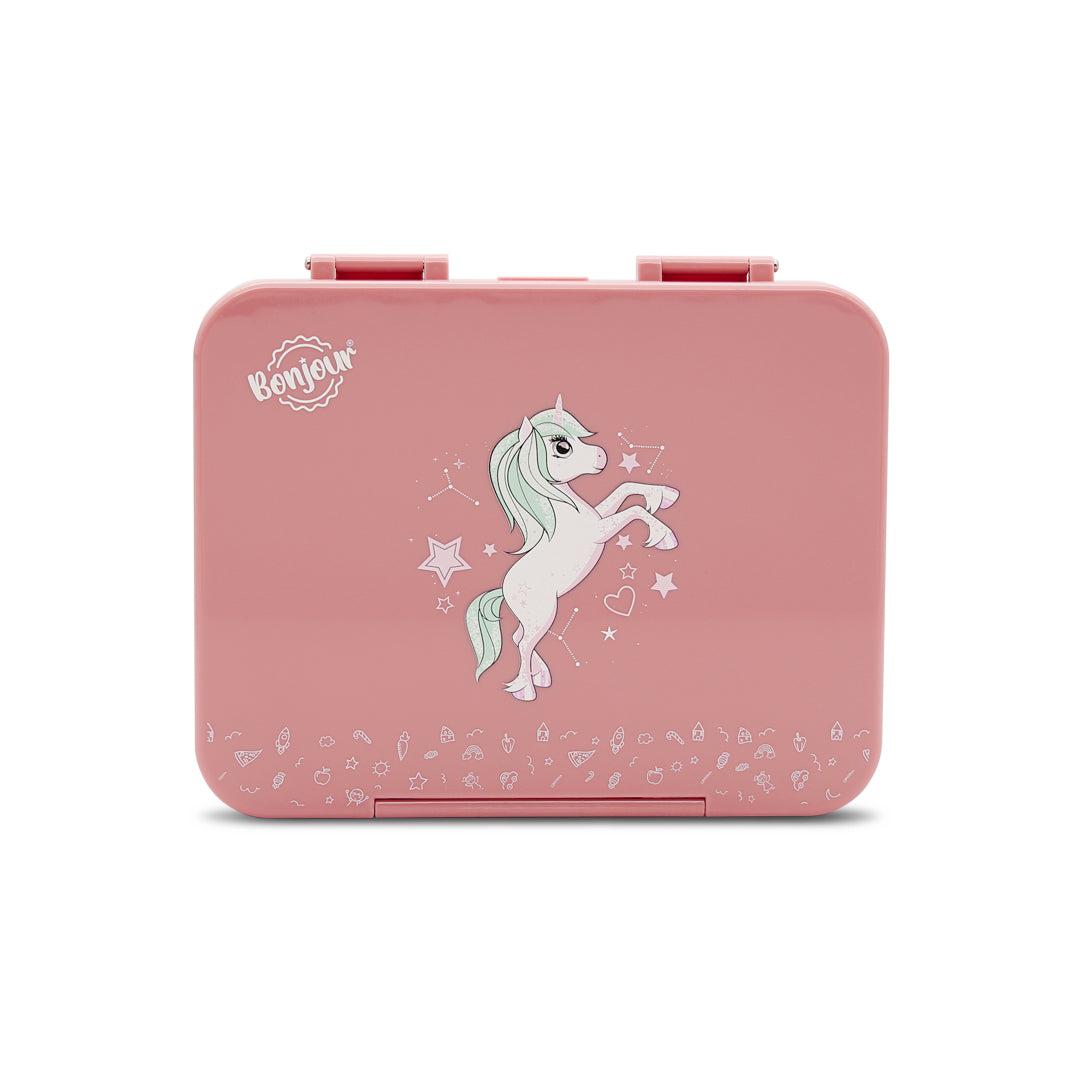 Bonjour Tiff Box Uni Clip Bento Lunch Box, 6/4 Compartments (Pink Unicorn)