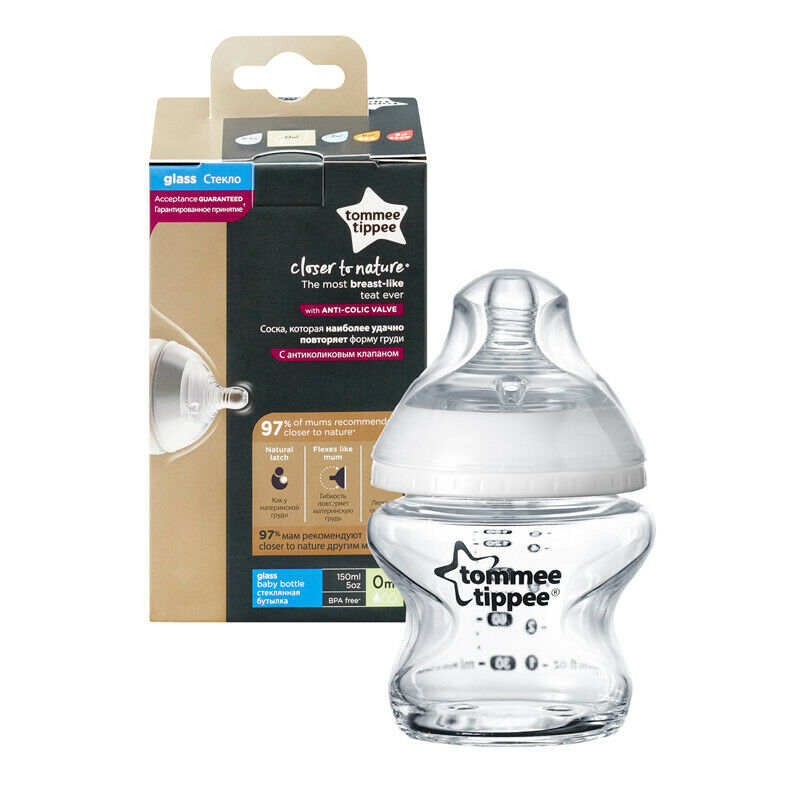Tommee Tippee Closer to Nature Glass Feeding Bottle, 150ml x 1 (Clear)