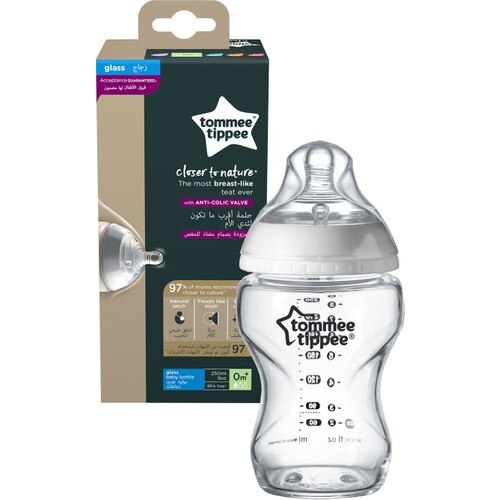 Tommee Tippee Closer to Nature Glass Feeding Bottle, 250ml x 1 (Clear)