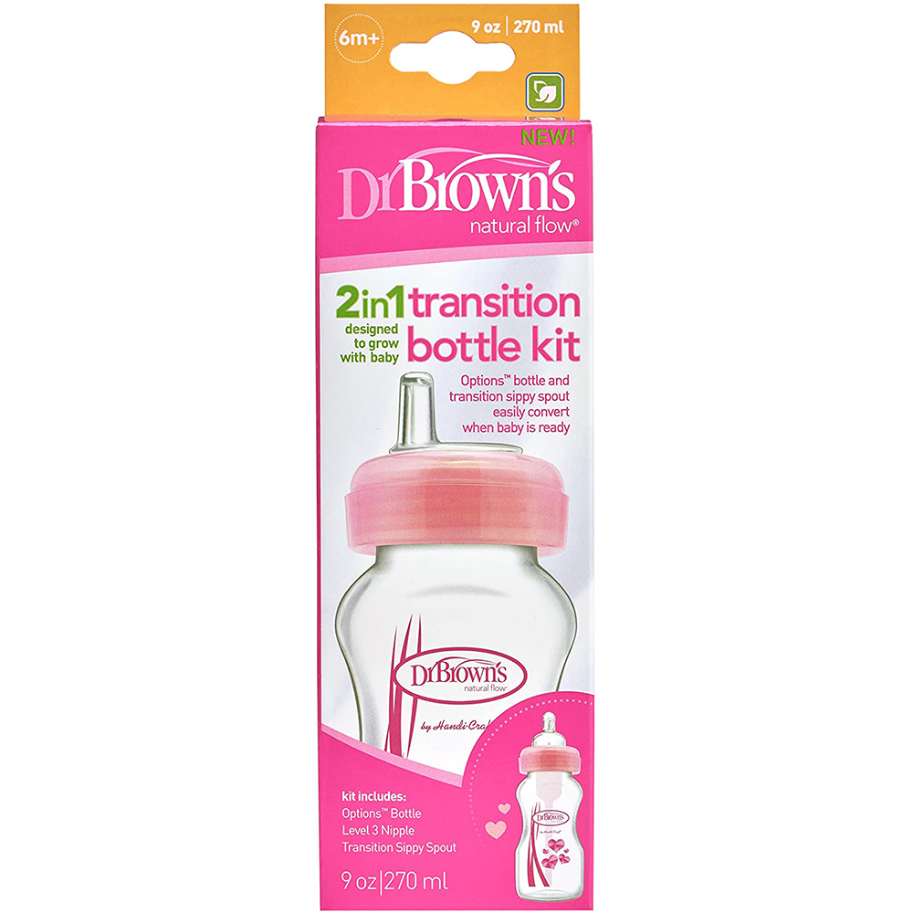 9 oz / 270 ml PP Wide-Neck "Options" Transition Bottle w/ Sippy Spout - Pink, 1-Pack