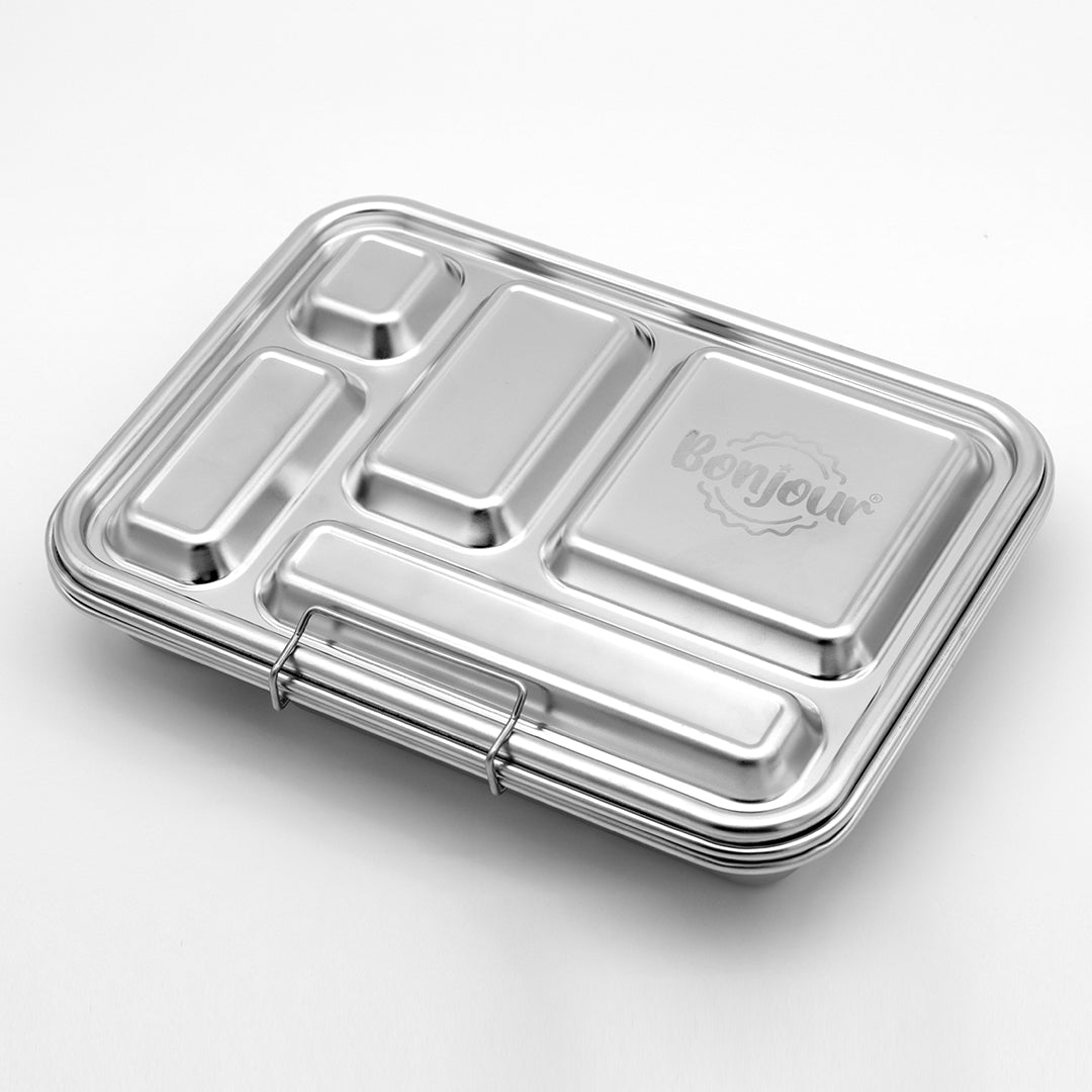 Bonjour Stainless Steel Lunch Box, 5 Compartments (Green Lid)